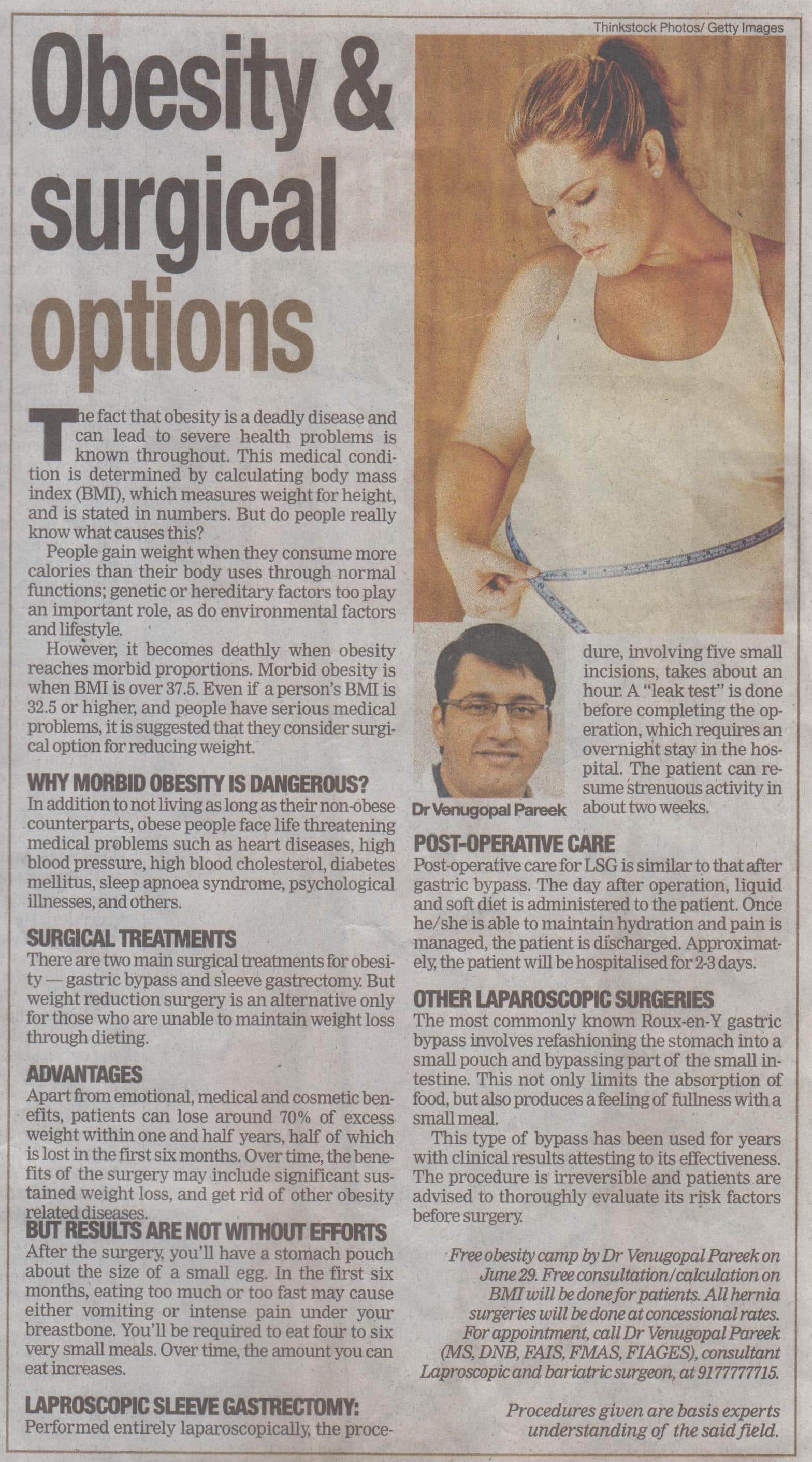 Obesity surgery, a laparoscopic bariatric surgerical operation explained in english newspapaer by Dr venugopal Pareek